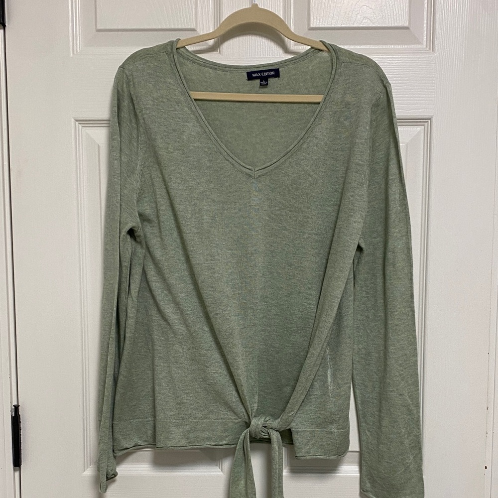 Max Studio Light Sage V-Neck Tie-Front Long Sleeve Sweater